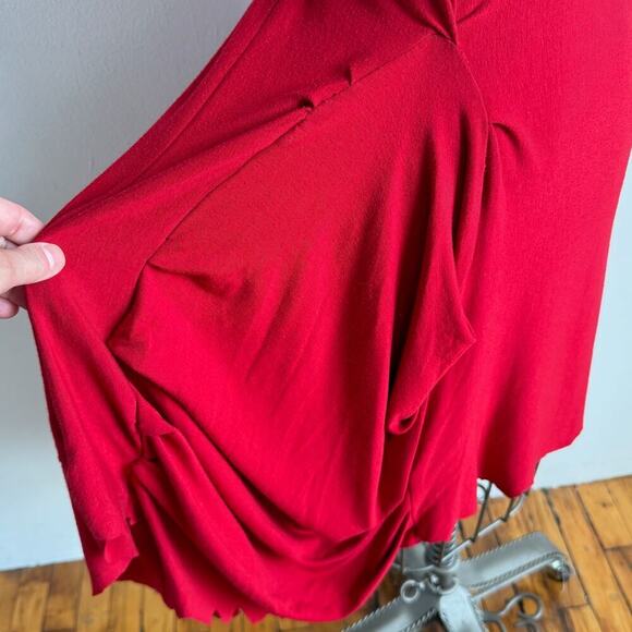 Handmade Red Jersey Asymmetrical Ruched Raw-Edge Dress - Picture 6 of 7